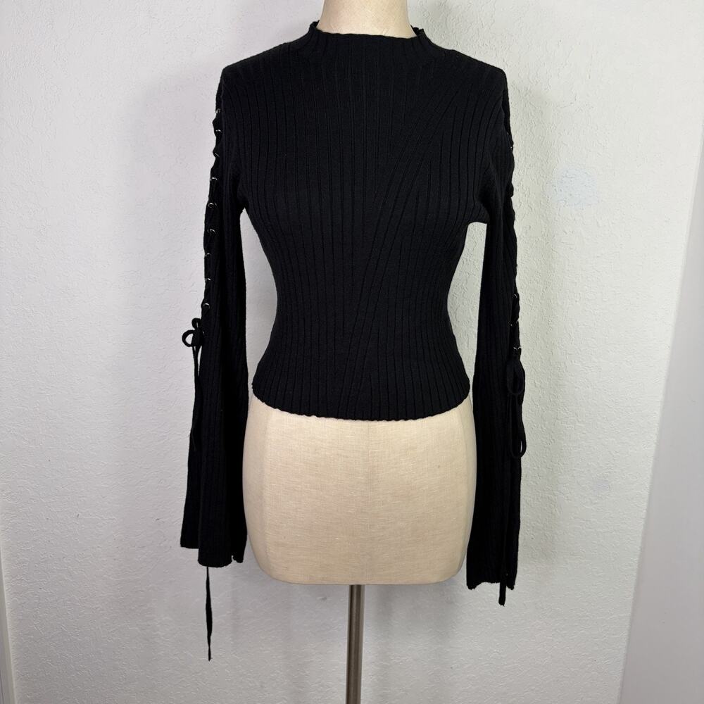 Hyfve Black Ribbed Knit Lace & Bell Sleeves Mock Neck Top Size L, grunge, fall